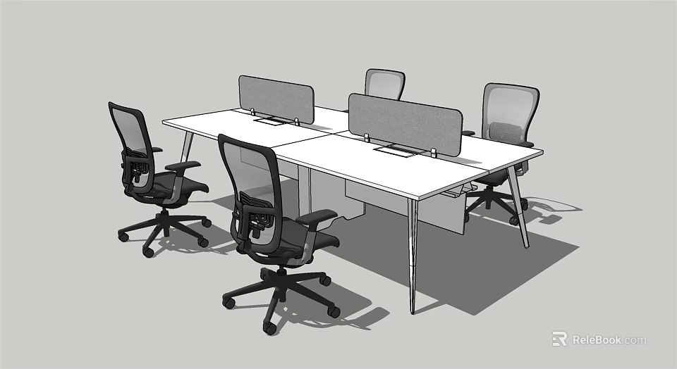 Modern Office Desk With White Surface Privacy Screens And Black Office Chairs 3d model 