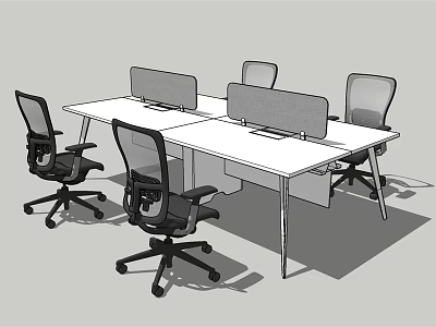 Modern Office Desk With White Surface Privacy Screens And Black Office Chairs 3d model