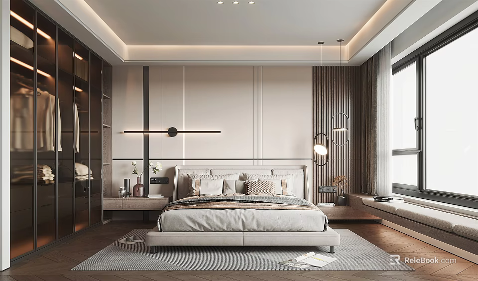 Elegant Modern Bedroom Interior With Minimalist Bed Wardrobe Window Rug And Ceiling Lights 3d model 