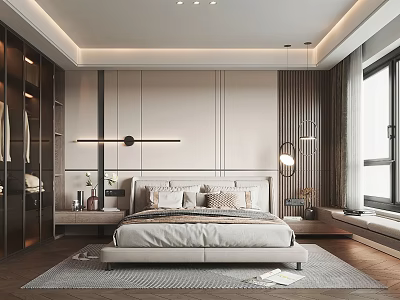 Elegant Modern Bedroom Interior With Minimalist Bed Wardrobe Window Rug And Ceiling Lights 3d model
