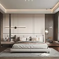 Elegant Modern Bedroom Interior With Minimalist Bed Wardrobe Window Rug And Ceiling Lights