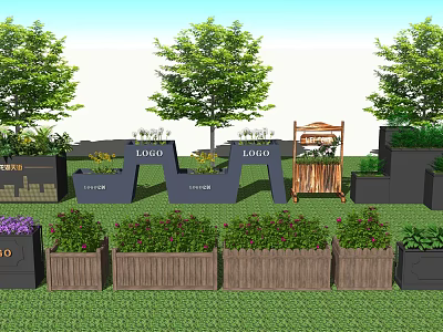 Outdoor Wooden Tree Planters With Logo And Green Plants In Garden Landscape 3d model