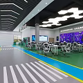 Modern Auto Showroom Interior With Green And Blue Floor Lines And Display Cars