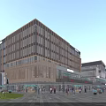 Modern Commercial Street Architectural Design With Glass Curtain Walls Shops Billboards And Cars