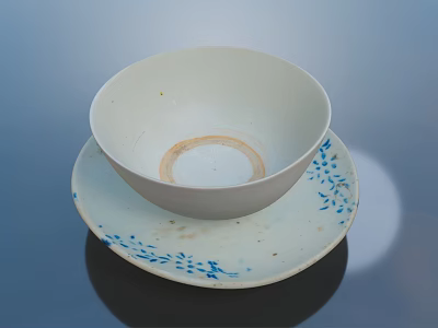 Vintage White Bowl On Blue Floral Porcelain Plate Everyday Tableware 3d model