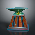 Anvil Shaped Green Top Decorative Object With Wooden Base And Striped Patterns