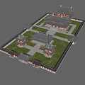 Ancient Chinese Architecture With Symmetrical Layout Multiple Buildings Green Lawn Black Roofs And Golden Decorations
