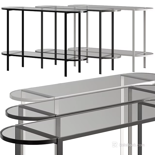 Modern Functional Desk With Multi Layer Shelves Metal Frame And Transparent Tabletop 3d model 