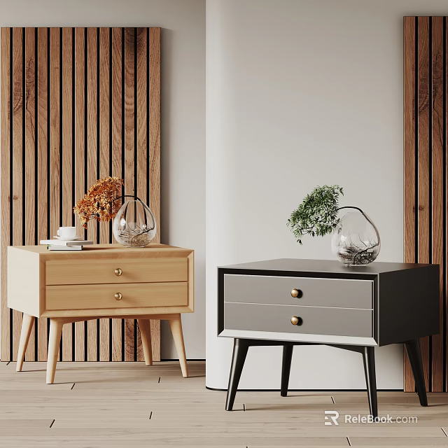 Light And Dark Wooden Bedside Tables With Drawers Decorated With Vases Plants And A Cup 3d model 