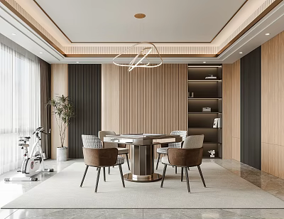 Modern Hotel Mahjong Room With Round Table Chairs Chandelier Green Plants And Wooden Walls 3d model