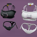 Cute Cat Pattern Women's Bikini Sets With Ruffle Trim In Black And White