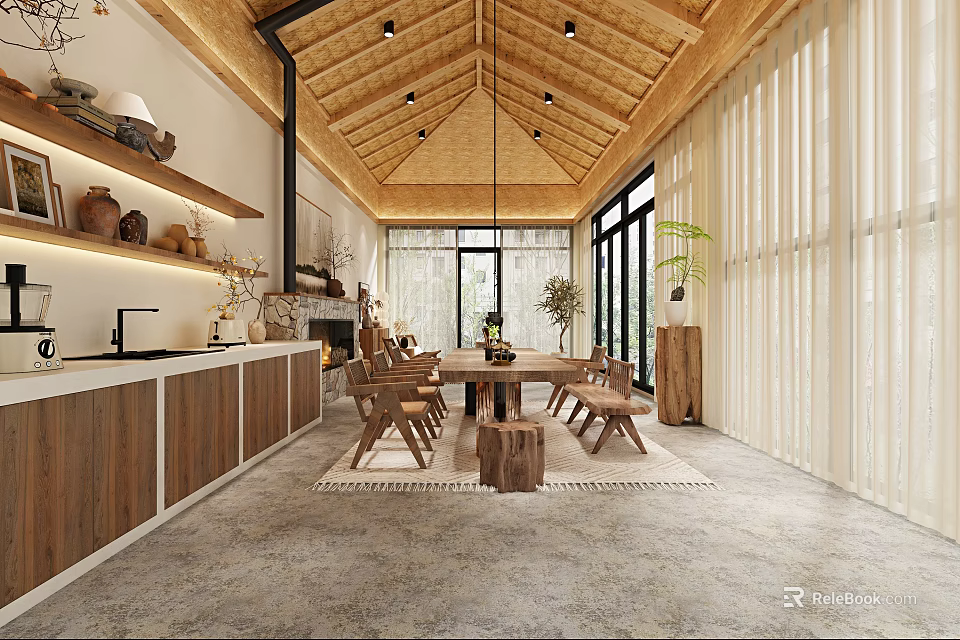 Minimalist Recreation Room With Rattan Ceiling And Wooden Furniture 3d model 