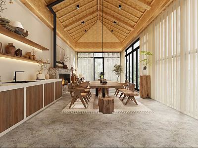 Minimalist Recreation Room With Rattan Ceiling And Wooden Furniture 3d model