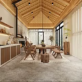 Minimalist Recreation Room With Rattan Ceiling And Wooden Furniture