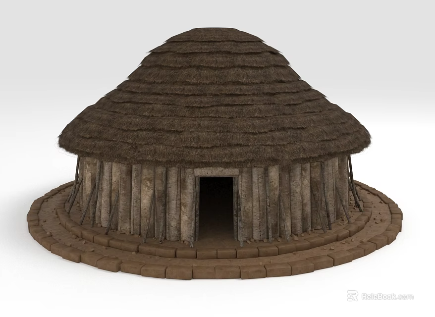 Traditional Round Thatched Roof Building With Wooden Walls And Earthen Base 3d model 