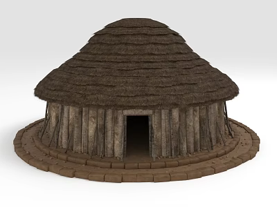 Traditional Round Thatched Roof Building With Wooden Walls And Earthen Base 3d model