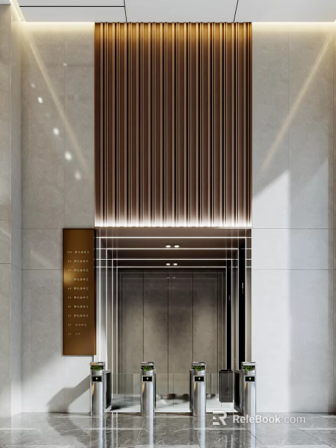 Elegant Modern Front Desk Reception Area With Marble Counter Metal Accents And Backdrop Lighting Design 3d model 