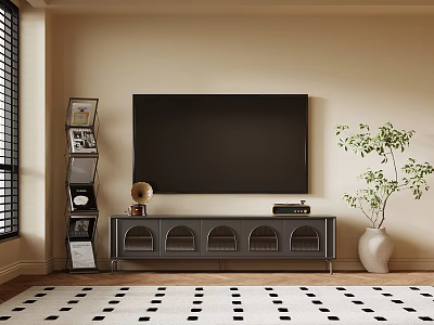 Modern TV Stand with Large TV Media Shelf Potted Plant and Polka Dot Rug 3d model