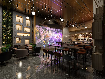 Modern Bar Interior With Large Projection Screen Green Plant Wall And Hanging Lights 3d model