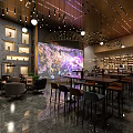 Modern Bar Interior With Large Projection Screen Green Plant Wall And Hanging Lights