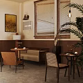 Cozy Café Interior With Brown Walls Wooden Furniture Sofa Tables Pendant Lights Painting And Plant