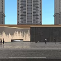 Modern Entrance Gate With Tree-Patterned Wall And Dark Stone Wall Near High-Rise Buildings With People Walking