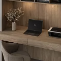 Modern Wooden Desk with Built in Bookshelf and Laptop Dried Flowers Decorative Items