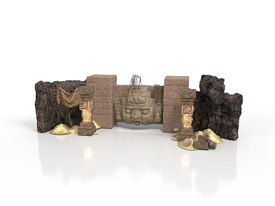 Ancient Ruin Entrance Scene With Stone Walls Statue Vines Torches And Gold Coins 3d model