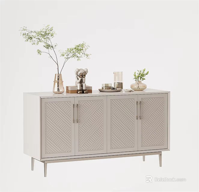 Stylish Light Gray Sideboard with Chevron Patterned Doors and Decorative Vases Potted Plants 3d model