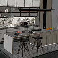 Modern Dining Table Set With High Stools Marble Backsplash And Kitchen Island 3d model