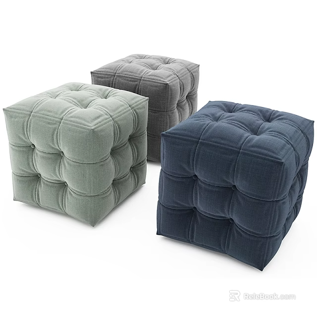 Three Square Tufted Fabric Ottomans In Different Colors For Living Room 3d model 