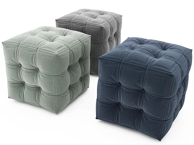 Three Square Tufted Fabric Ottomans In Different Colors For Living Room 3d model