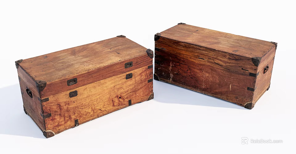 Pair Of Vintage Wooden Trunks With Metal Hardware And Distressed Finish 3d model 