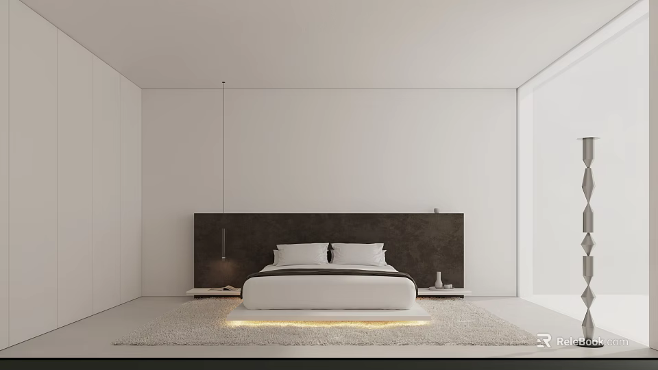 Modern Minimalist White Bedroom With Large Bed Headboard Pendant Light Rug And Floor Window 3d model 