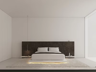 Modern Minimalist White Bedroom With Large Bed Headboard Pendant Light Rug And Floor Window 3d model