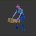 Person In Blue Overalls Wearing VR Headset Carrying Cardboard Box On Gray Background