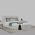 Stylish Double Bed With Headboard Cushions Throw Blanket Nightstand Vase Ottoman And Rug