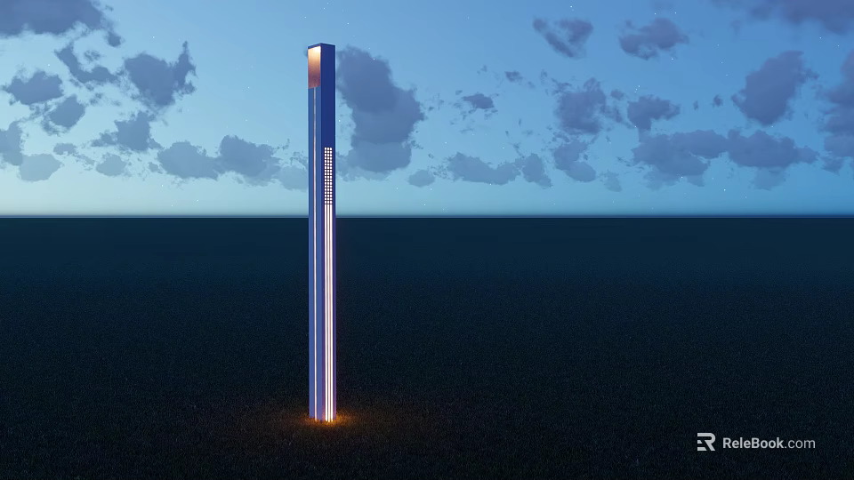 Tall Columnar Outdoor Light Glowing At Base In Open Ground Under Cloudy Night Sky 3d model 