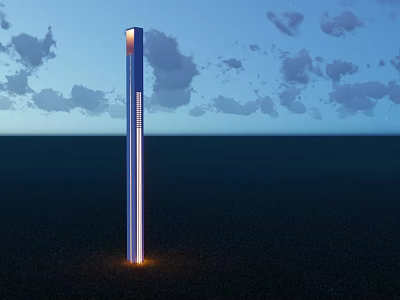 Tall Columnar Outdoor Light Glowing At Base In Open Ground Under Cloudy Night Sky 3d model