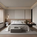 Modern Minimalist Bedroom Interior With Paneled Headboard Wall Pendant Lights And Area Rug
