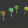 Four Palm Trees With Green Leaves And Brown Trunks On Gray Background With Reflections