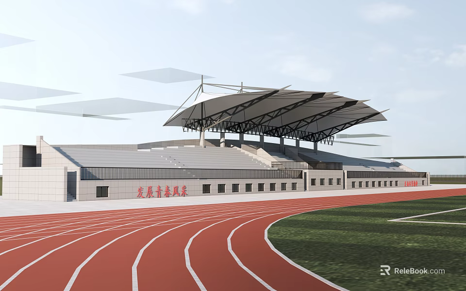 Modern Outdoor Stadium With Red Running Track Covered Stands And Green Field 3d model 