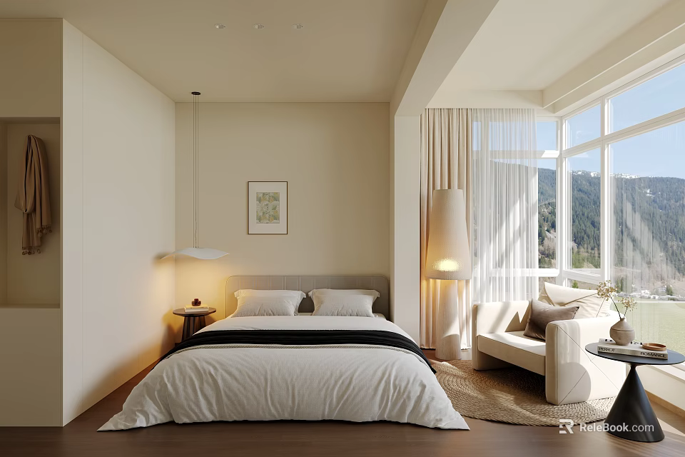 Modern Bedroom Interior With White Bedding Bedside Lamp and Mountain View Window 3d model 