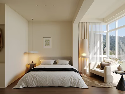 Modern Bedroom Interior With White Bedding Bedside Lamp and Mountain View Window 3d model