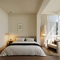 Modern Bedroom Interior With White Bedding Bedside Lamp and Mountain View Window