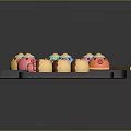 Colorful Cartoon Shaped and Brown Round Food Skewers on Black Trays