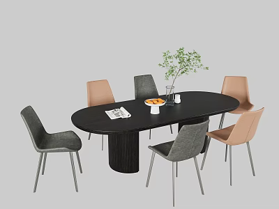 Modern Minimalist Dark Oval Dining Table Set With Stylish Upholstered Chairs And Exquisite Tabletop Decorations 3d model