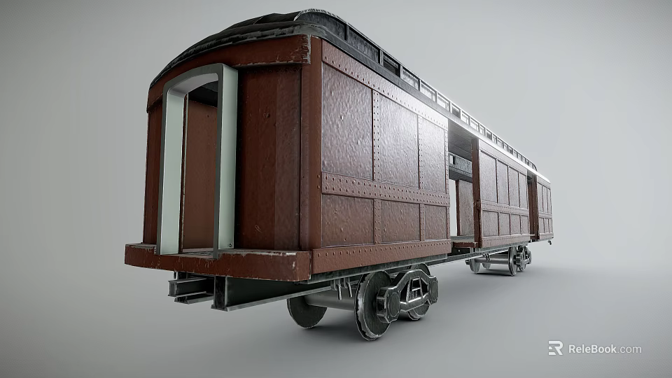 Vintage Brown Train Carriage With Wooden Exterior Windows And Metal Wheels 3d model 