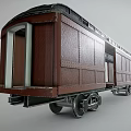 Vintage Brown Train Carriage With Wooden Exterior Windows And Metal Wheels