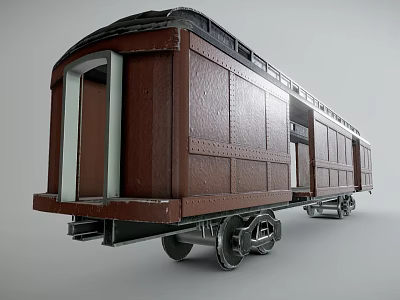 Vintage Brown Train Carriage With Wooden Exterior Windows And Metal Wheels 3d model